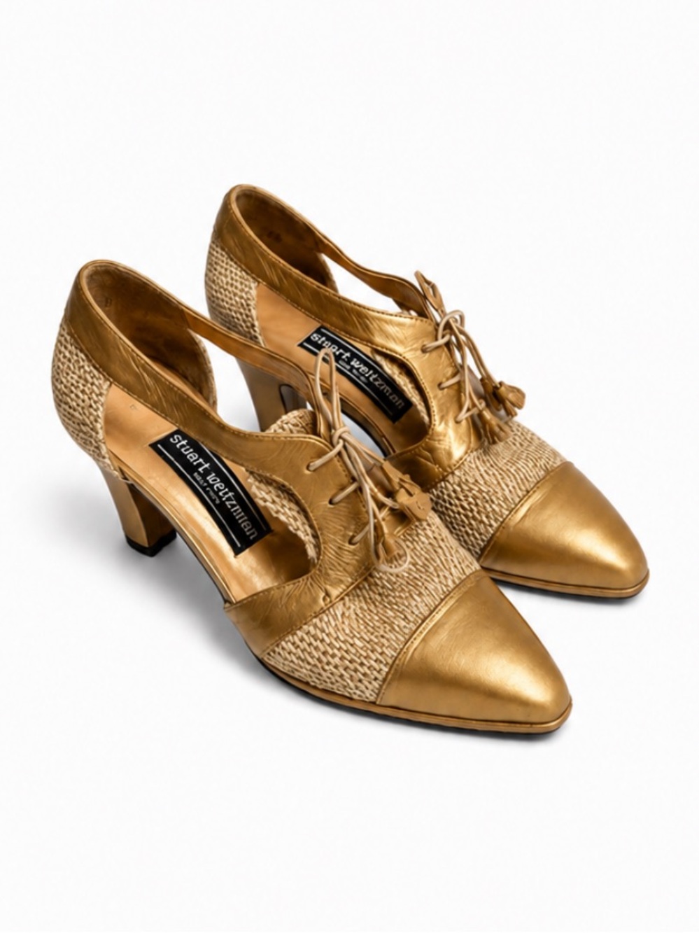 Stuart Weitzman Vintage Woven Leather Lace-Up Heels In Bronze Gold 6.5 EUC